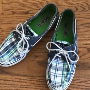 Women’s blue and green plaid topsiders